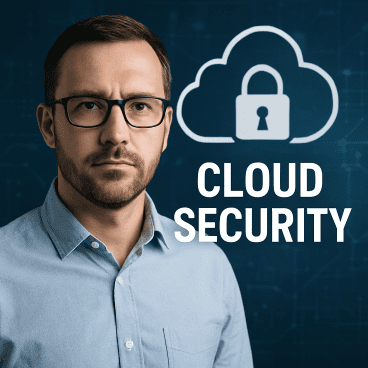 Confident IT professional standing in front of a cloud security icon, symbolizing strong cloud protection for businesses in Knoxville, Blount County, Maryville, and Oak Ridge.
